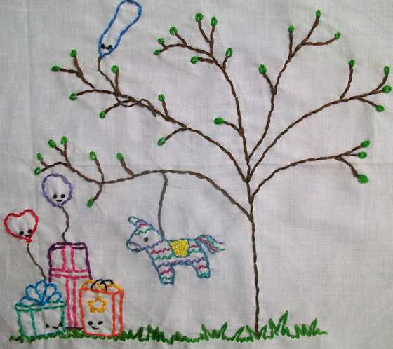 無料の刺繍図案 ポニーと木とプレゼントと風船