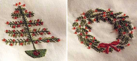 クリスマスの刺繍図案 無料 ビーズを使ったクリスマスツリー、クリスマスリース