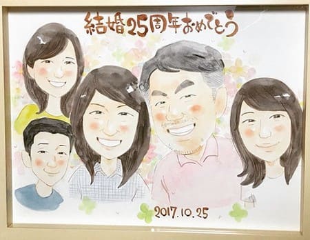 銀婚式プレゼント 子どもから両親へ 家族全員の似顔絵