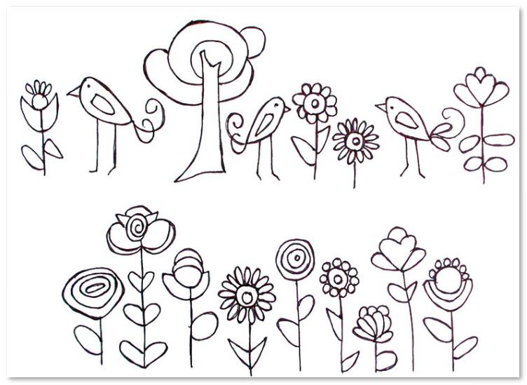 無料の刺繍図案 小鳥、木、花
