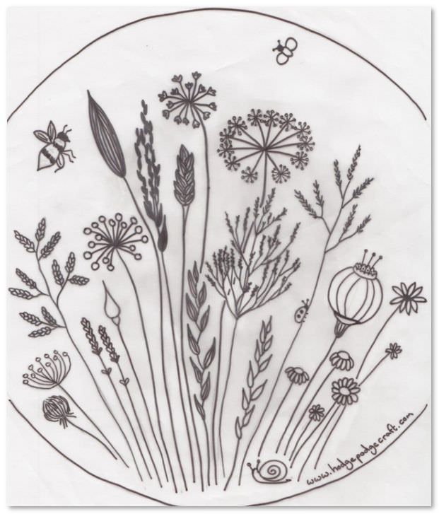 無料の刺繍図案 草と花とミツバチとテントウムシ